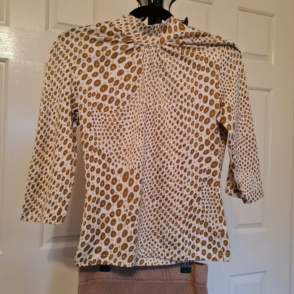 3/4 Beige Brown Round Pattern Blouse Stretchable Maxi Bodycon Semi Formal Tops - Picture 1 of 2